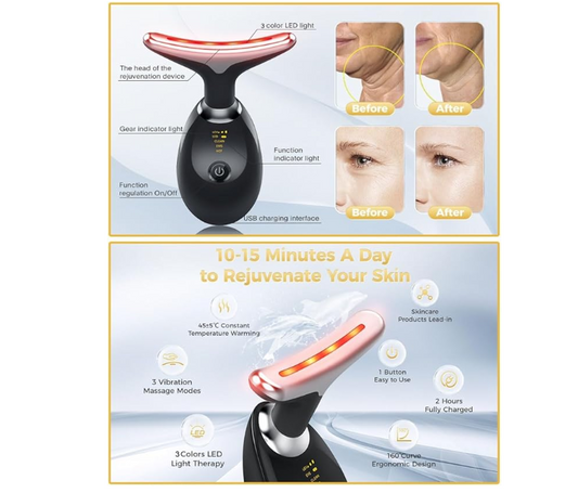 Masajeador Facial y de Cuello Reafirmante con 3 Luces LED – ¡Dile adiós a la flacidez y revela tu piel radiante!